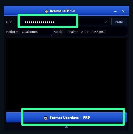 Put OTP and click Format Userdata and FRP